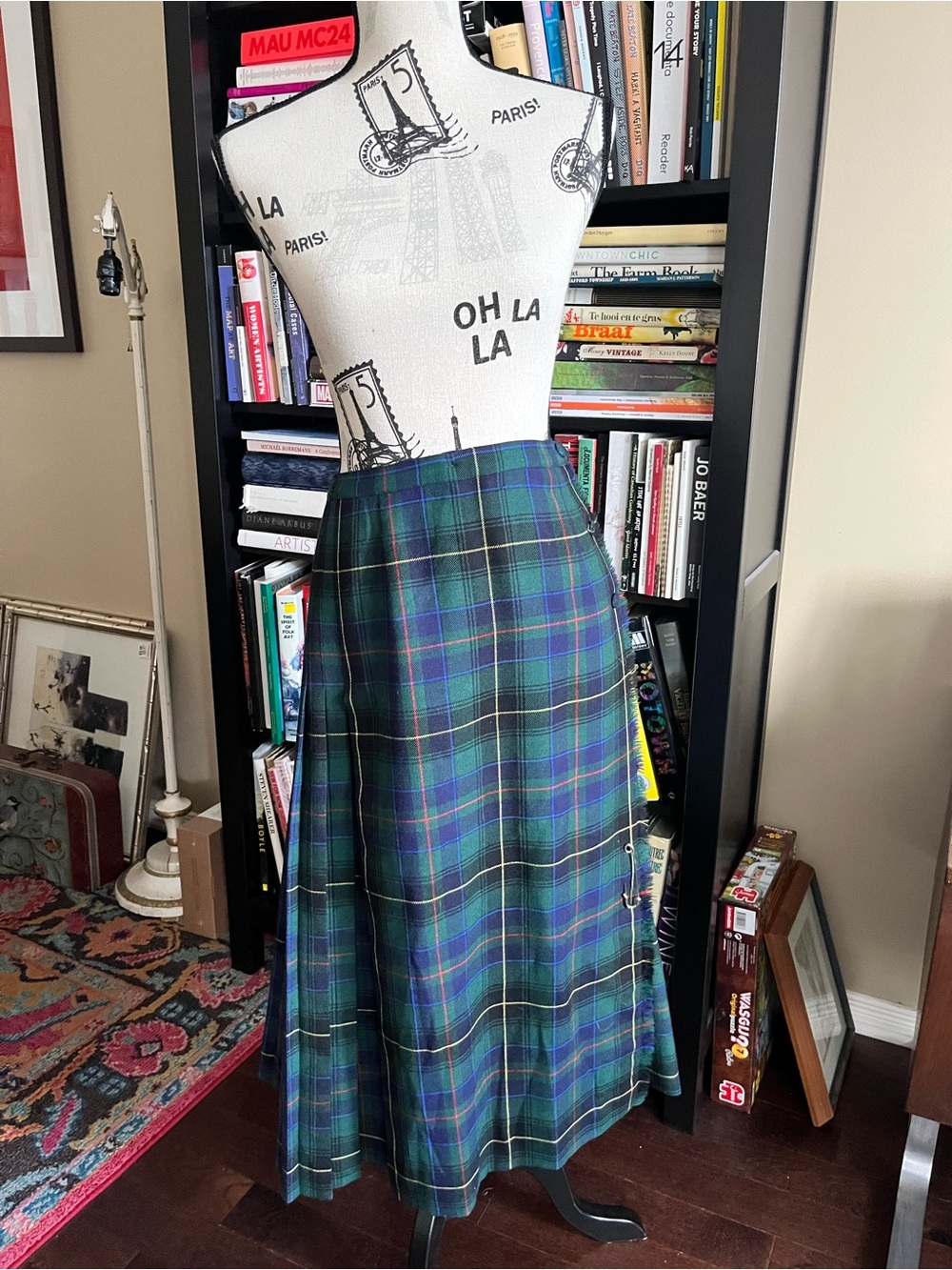 Vintage Yves Venet Classic Green Tartan Pleated Maxi Skirt